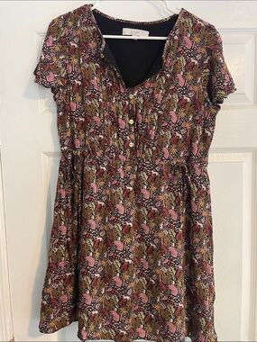 LOFT Pink, Brown & Black Floral Button-Front Short Sleeve Dress